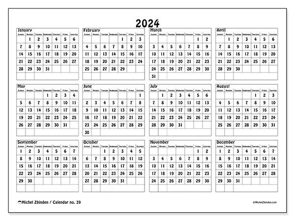 Free printable calendar no. 39 for 2024. Week: Sunday to Saturday.