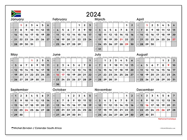 Free printable calendar South Africa for 2024. Week: Sunday to Saturday.
