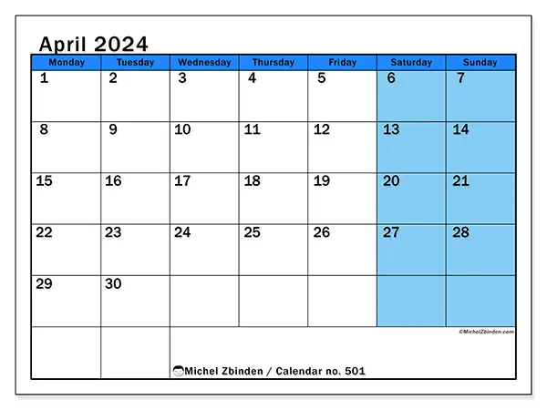 Free printable calendar no. 501, April 2025. Week:  Monday to Sunday