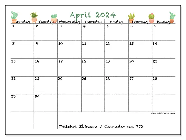 Free printable calendar no. 772, April 2025. Week:  Monday to Sunday