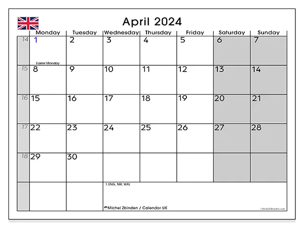 Free printable calendar UK, April 2025. Week:  Monday to Sunday