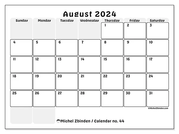 Free printable calendar n° 44 for August 2024. Week: Sunday to Saturday.