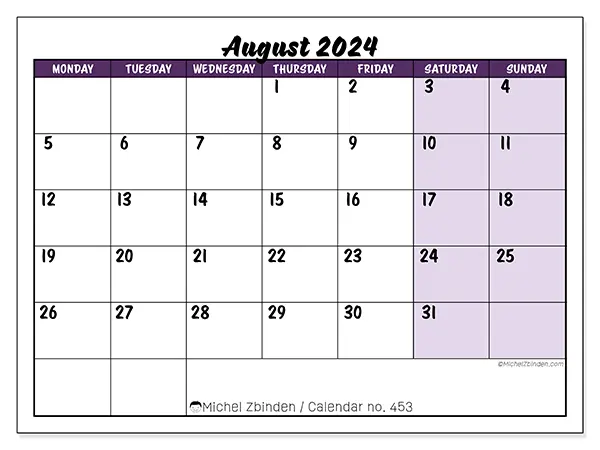 Free printable calendar n° 453 for August 2024. Week: Monday to Sunday.