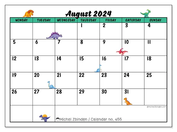 Free printable calendar n° 455 for August 2024. Week: Monday to Sunday.