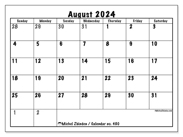 Free printable calendar no. 480 for August 2024. Week: Sunday to Saturday.