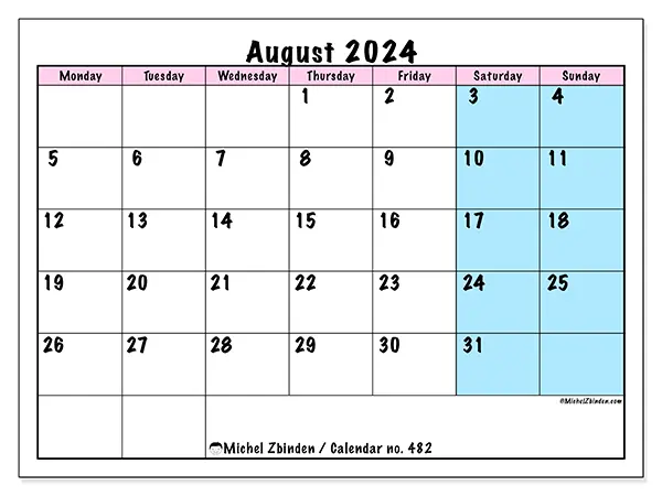 Free printable calendar no. 482 for August 2024. Week: Monday to Sunday.