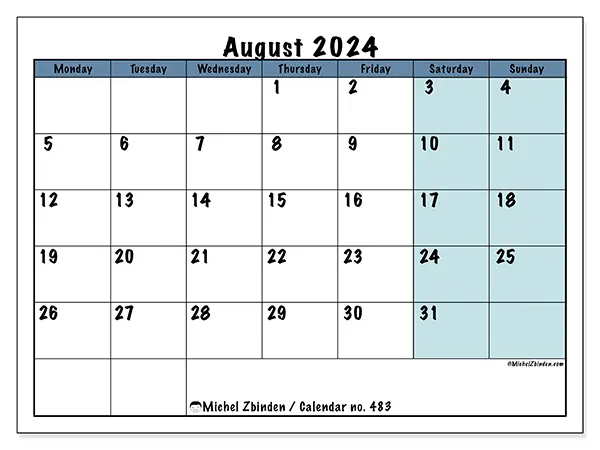 Free printable calendar no. 483 for August 2024. Week: Monday to Sunday.