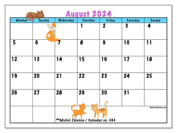 Free printable calendar no. 484 for August 2024. Week: Monday to Sunday.