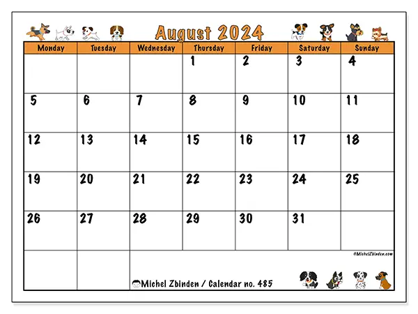 Free printable calendar no. 485 for August 2024. Week: Monday to Sunday.