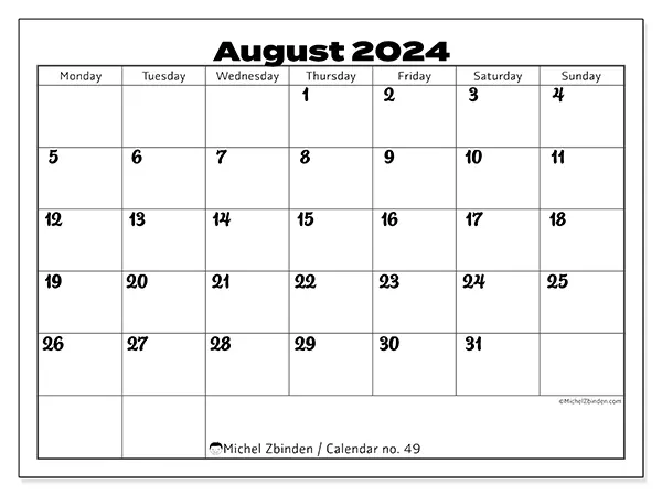 Free printable calendar no. 49 for August 2024. Week: Monday to Sunday.