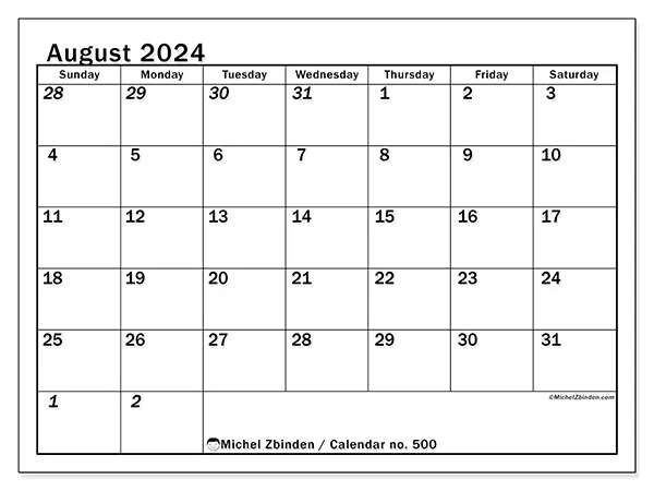 Free printable calendar no. 500 for August 2024. Week: Sunday to Saturday.
