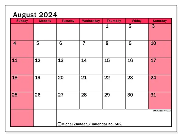Free printable calendar no. 502 for August 2024. Week: Sunday to Saturday.