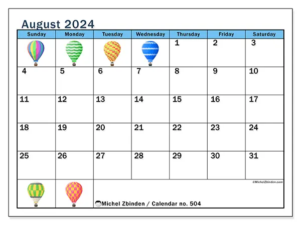 Free printable calendar no. 504 for August 2024. Week: Sunday to Saturday.