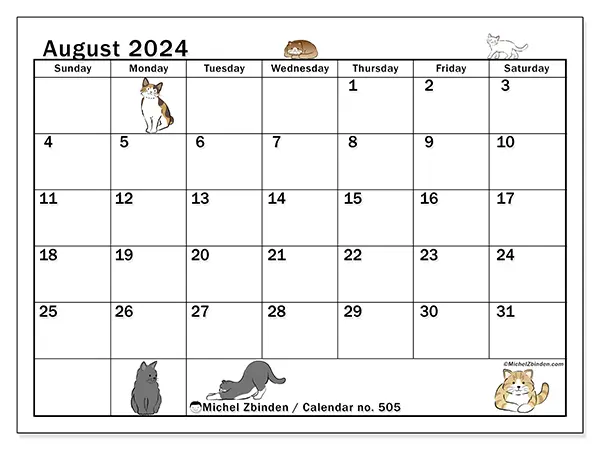 Free printable calendar no. 505 for August 2024. Week: Sunday to Saturday.