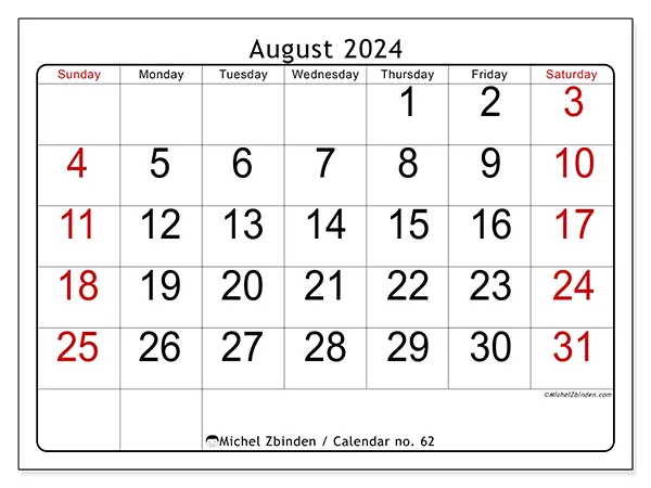 Free printable calendar no. 62 for August 2024. Week: Sunday to Saturday.