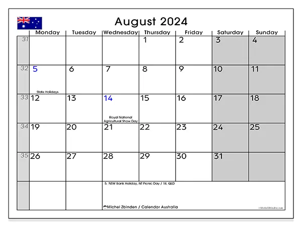 Free printable calendar Australia for August 2024. Week: Monday to Sunday.