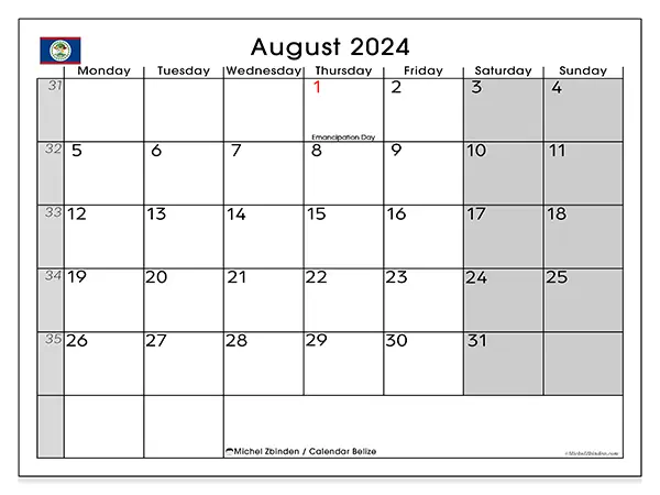 Free printable calendar Belize for August 2024. Week: Monday to Sunday.