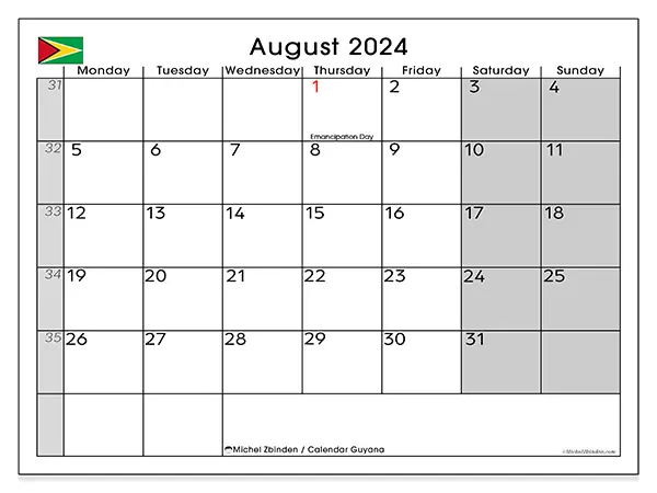 Free printable calendar Guyana for August 2024. Week: Monday to Sunday.