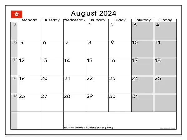 Free printable calendar Hong Kong for August 2024. Week: Monday to Sunday.