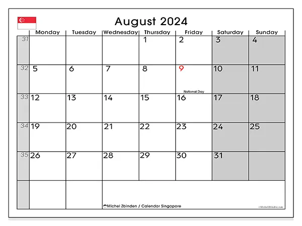 Free printable calendar Singapore for August 2024. Week: Monday to Sunday.