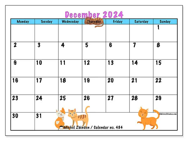 Free printable calendar no. 484 for December 2024. Week: Monday to Sunday.