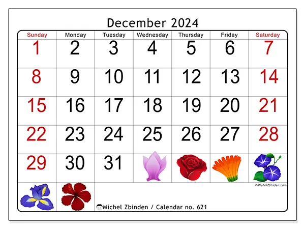 Free printable calendar no. 621 for December 2024. Week: Sunday to Saturday.