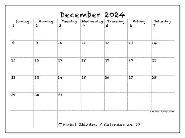 Free printable calendar no. 77 for December 2024. Week: Sunday to Saturday.