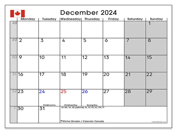 Free printable calendar Canada for December 2024. Week: Monday to Sunday.