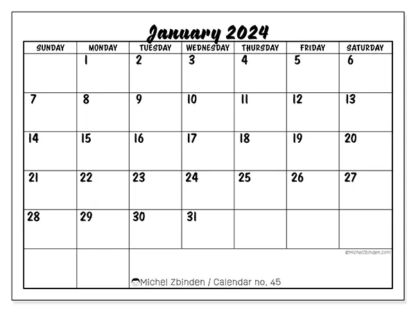 Free printable calendar n° 45, January 2025. Week:  Sunday to Saturday