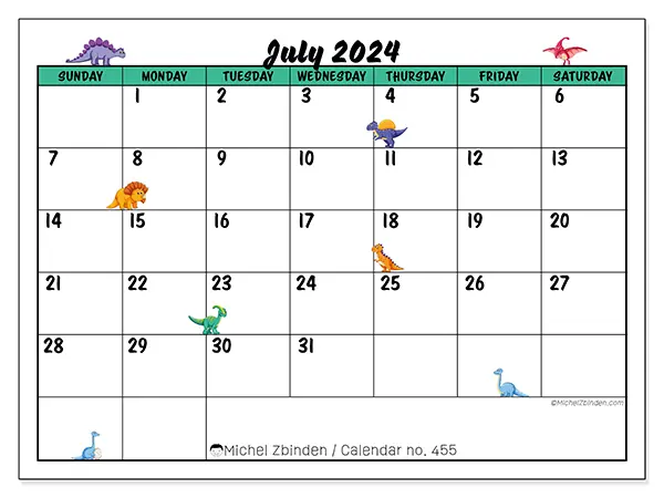 Free printable calendar n° 455 for July 2024. Week: Sunday to Saturday.