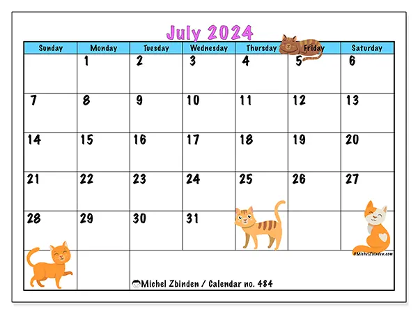 Free printable calendar no. 484 for July 2024. Week: Sunday to Saturday.