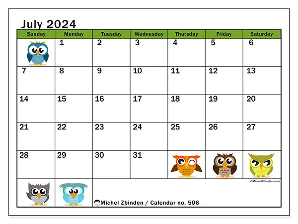 Free printable calendar no. 506 for July 2024. Week: Sunday to Saturday.