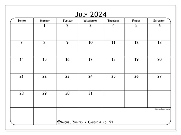 Free printable calendar no. 51 for July 2024. Week: Sunday to Saturday.
