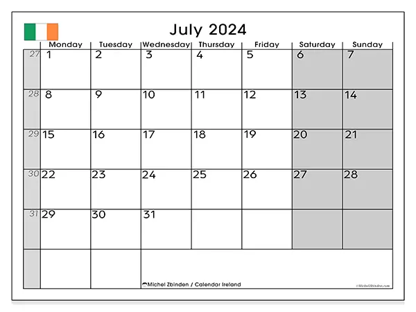 Free printable calendar Ireland for July 2024. Week: Monday to Sunday.