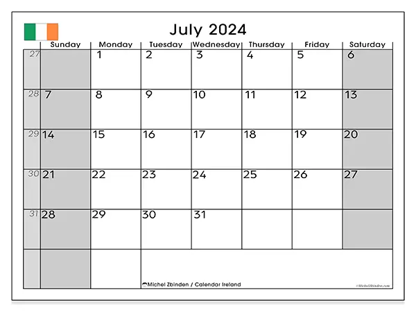 Free printable calendar Ireland for July 2024. Week: Sunday to Saturday.