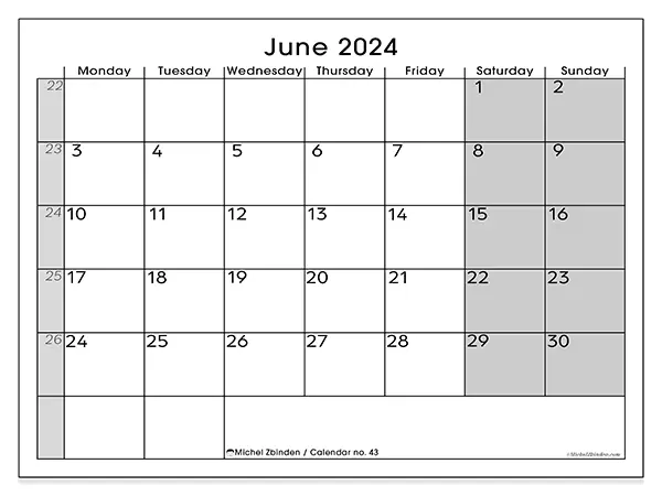 Free printable calendar n° 43 for June 2024. Week: Monday to Sunday.