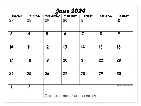 Free printable calendar n° 450 for June 2024. Week: Monday to Sunday.