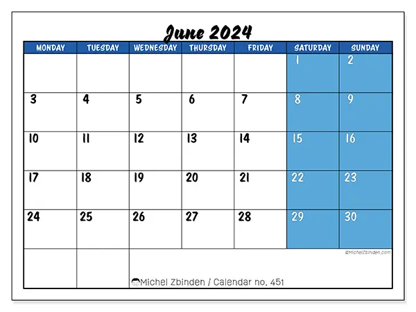 Free printable calendar n° 451 for June 2024. Week: Monday to Sunday.