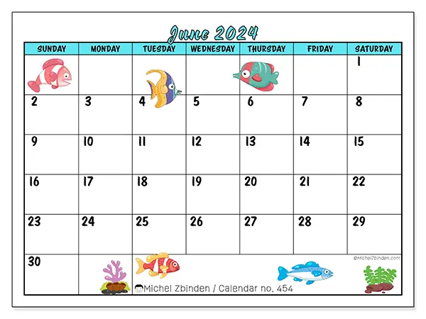Free printable calendar n° 454 for June 2024. Week: Sunday to Saturday.