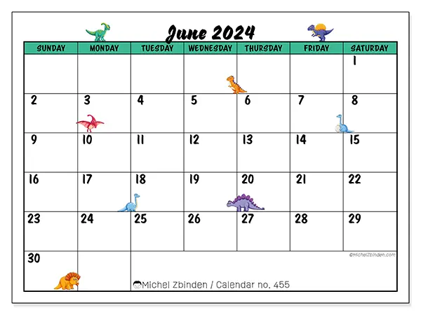 Free printable calendar n° 455 for June 2024. Week: Sunday to Saturday.