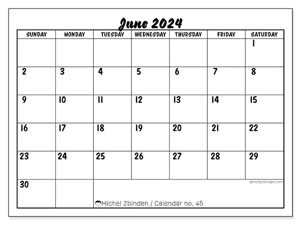 Free printable calendar n° 45 for June 2024. Week: Sunday to Saturday.