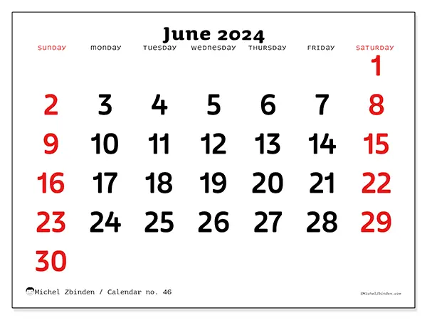 Free printable calendar no. 46 for June 2024. Week: Sunday to Saturday.