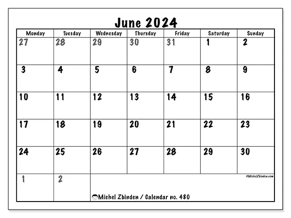 Free printable calendar no. 480 for June 2024. Week: Monday to Sunday.