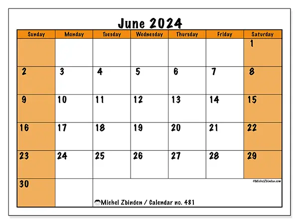 Free printable calendar no. 481 for June 2024. Week: Sunday to Saturday.