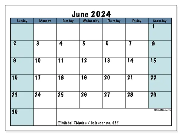 Free printable calendar no. 483 for June 2024. Week: Sunday to Saturday.