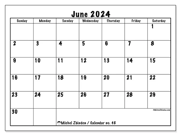 Free printable calendar no. 48 for June 2024. Week: Sunday to Saturday.