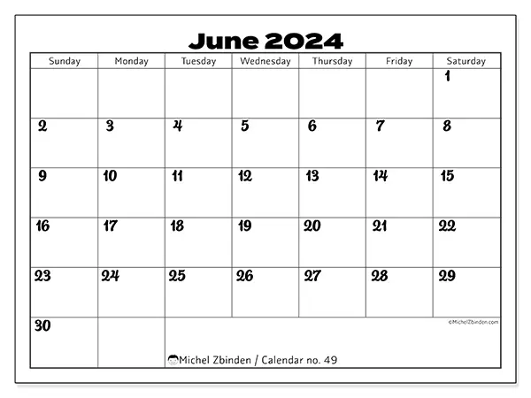 Free printable calendar no. 49 for June 2024. Week: Sunday to Saturday.