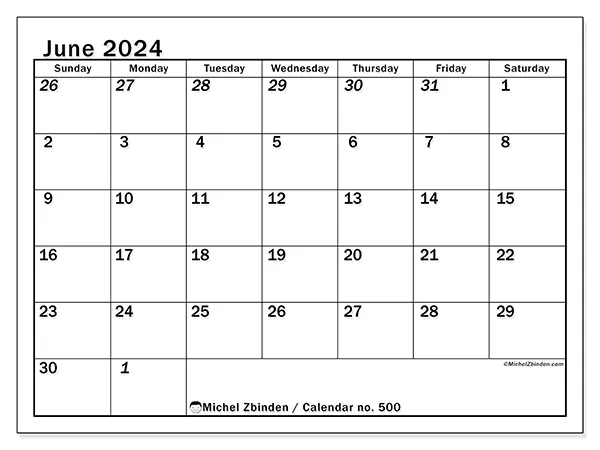 Free printable calendar no. 500 for June 2024. Week: Sunday to Saturday.