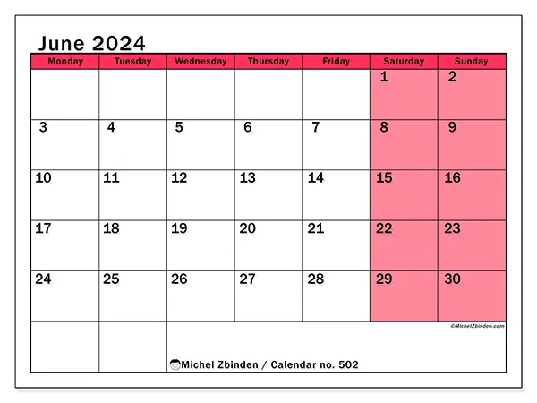 Free printable calendar no. 502 for June 2024. Week: Monday to Sunday.