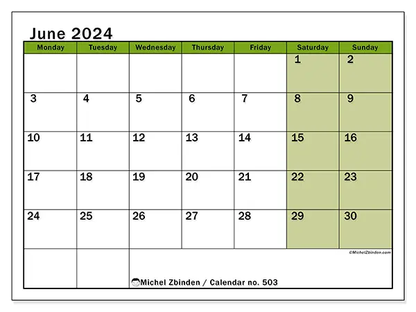 Free printable calendar no. 503 for June 2024. Week: Monday to Sunday.